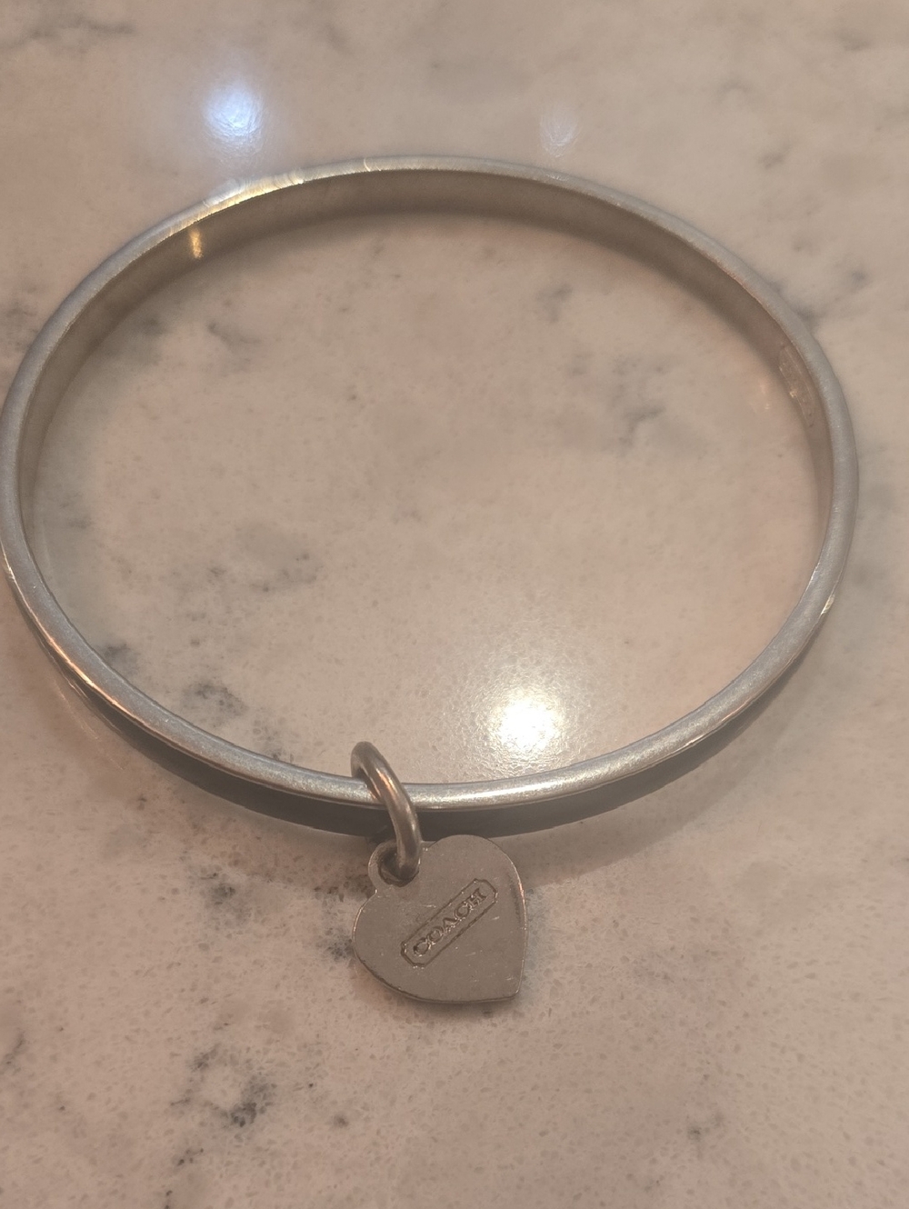 Coach Black Pavé Crystal Heart Charm Bangle Bracelet Silver Tone Stackable Style